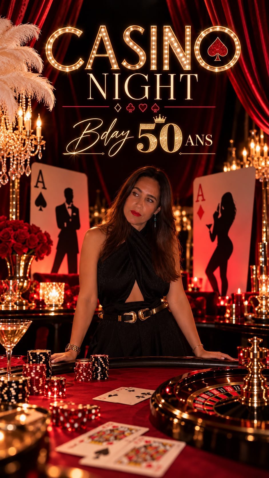 Casino Night — Bday 50 ans : Cécilia devant une table de roulette, décor rouge et or